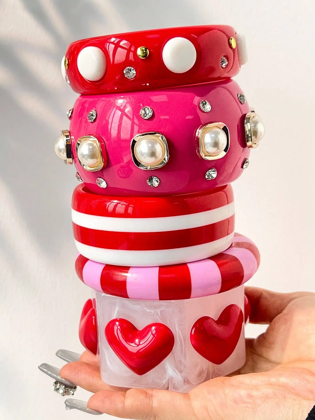1pc Pink Heart Contrast Color Bracelet With Pearl & Rhinestone Decor, Versatile Style Suitable For Street Fashion, Internet Celebrity Wristband, Valentine's Day Gift, Mother's Day Present