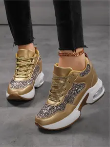 Women's Shiny Casual Wedge Sneakers | Glitter Design, Air Cushion Sole for Daily Wear, Thick Soled Sneakers, Chunky Trainers