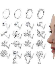 20ps L-Type Nose Stud Set, 20g Stainless Steel Cz Nose Ring, Heart Flower Star Nose Jewelry, Hypoallergenic Micro Nose Piercing, Unisex