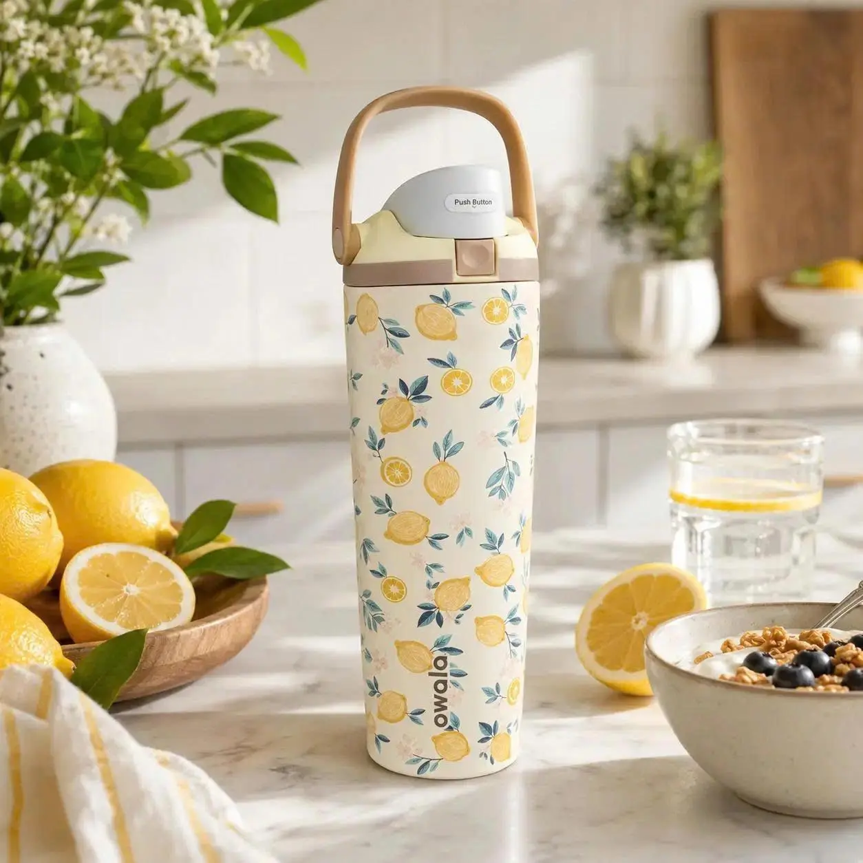 Owala 30oz Lemon Floral Stainless Steel Water Bottle - Leakproof, Portable Travel Tumbler with Built-In Straw & Dual Sip Lid Kitchen Drinkware