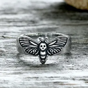GTHIC Moth Skull Ring - Stainless Steel Gothic Jewelry for Women, Punk Pinky Ring for Daily Wear