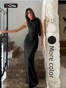 Women's Plain Knot Shoulder Asymmetrical Shoulder Bodycon Dress, Elegant Classy Sleeveless Maxi Dress for Party Club Dating Formal Wear, Dresses for Women, Ladies Summer Clothes, Elegant Fitted Dresses, Cocktail Party Dresses