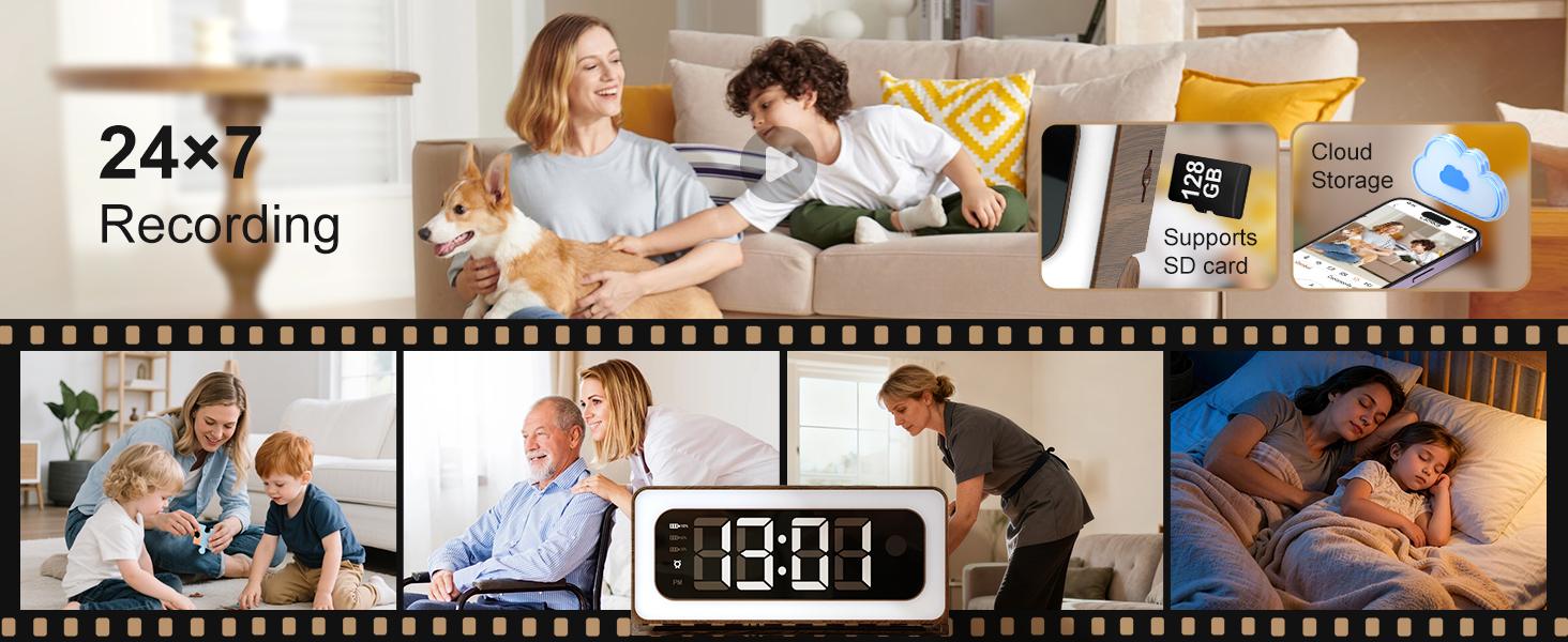 2K Smart Indoor Clock Camera,  Nanny Cam, Indoor Security Camera for Home, 5G & 2.4G WiFi, Full Color Night Vision, Motion Detection Alerts, Alarm Siren, Local SD Storage, Wood Grain Design