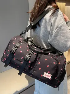 2025 New Cross-border Leisure Short-distance Travel Storage Bag, Large Capacity with Multiple Pockets, Strawberry Print, Equipped with Independent Shoe Compartment for Dry-Wet Separation, Unisex Water-Resistant Fabric