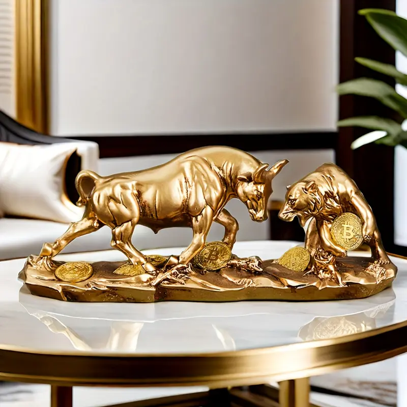 Golden Bull & Bear Resin Sculpture - Resin Figures with "Buy Low, Sell High" Coin Detail - Classic Home Decor Statue - Ideal Gift for Financial Investors
