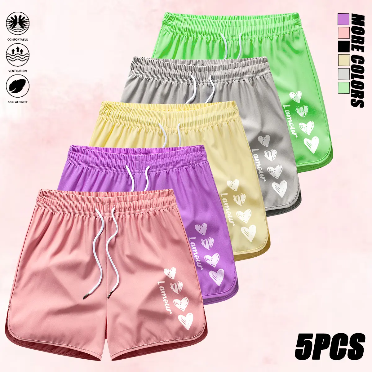 Set of 5 women’s fashion shorts featuring a drawstring elastic waistband design that is adjustable; suitable for running, yoga fitness, and commuting to work; summer clothing—women’s summer shorts.