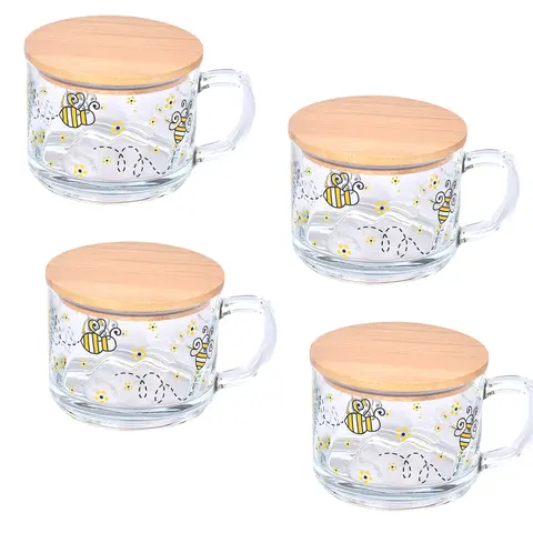 Temp-tations Set of (4) 16-oz Glass Mugs with Wood Lids Dinnerware Kitchenware