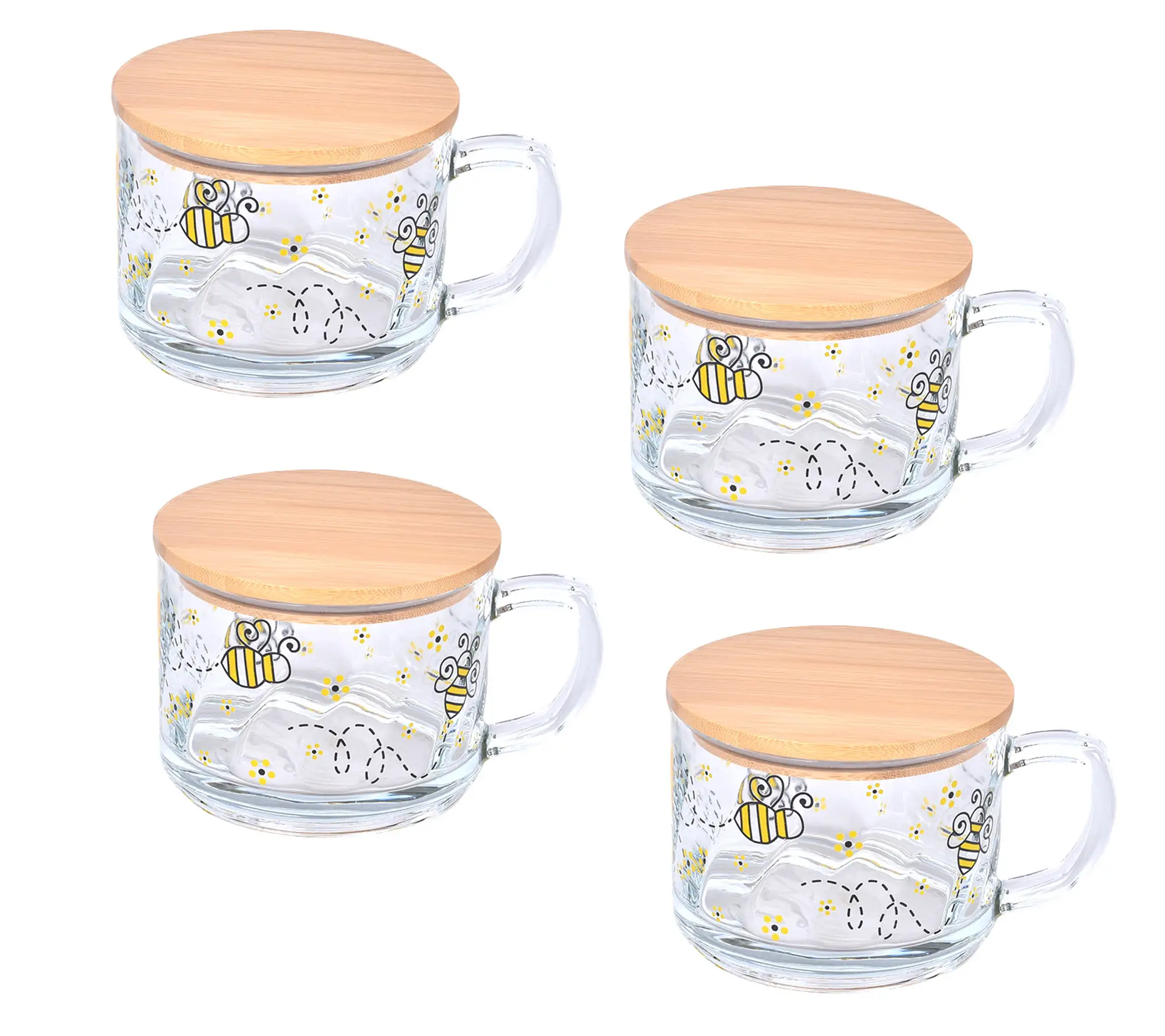 Temp-tations Set of (4) 16-oz Glass Mugs with Wood Lids Dinnerware Kitchenware