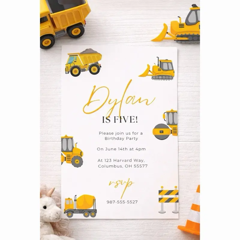 Construction Birthday Invitation for Boys, Dump Truck & Bulldozer Party Invite, Printed Party Card, 5x7 Inches, Matte Finish, Personalized with Child's Name, Age, Date, Time, Location, RSVP