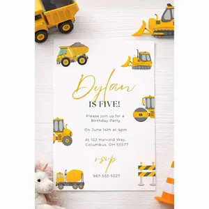 Construction Birthday Invitation for Boys, Dump Truck & Bulldozer Party Invite, Printed Party Card, 5x7 Inches, Matte Finish, Personalized with Child's Name, Age, Date, Time, Location, RSVP