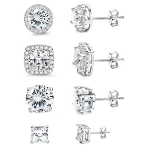 Iced Out Unisex CZ Stud Earrings Set, Sparkly Round & Princess Cut Square Earrings for Men & Women, S925 Silver Needle Bling Jewelry Gift, Essential Unisex Accessories