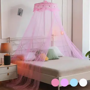 Round Rose Pattern Lace Bed Curtain, Ceiling Hanging Mosquito Net, Princess Style Bed Drape, Suitable for Single, Twin, King, Extra King Beds, Bedroom Decor