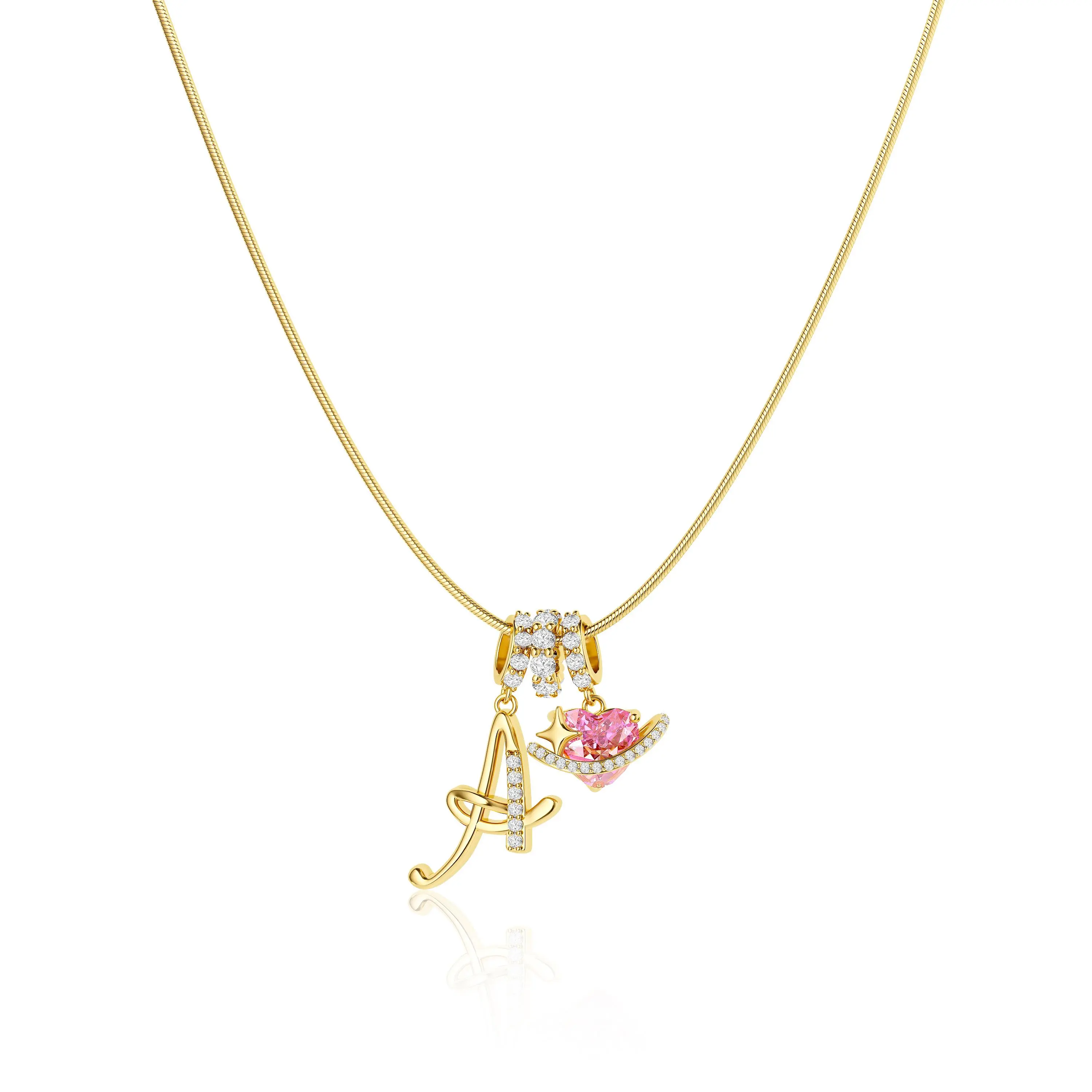 Chesky 14K Gold Plated 3-Layering Initial A-Z Letter Pendant Necklaces for Women Snake Chain Choker Personalized Pink  Heart CZ Capital Necklace Adjustable Party Jewelry