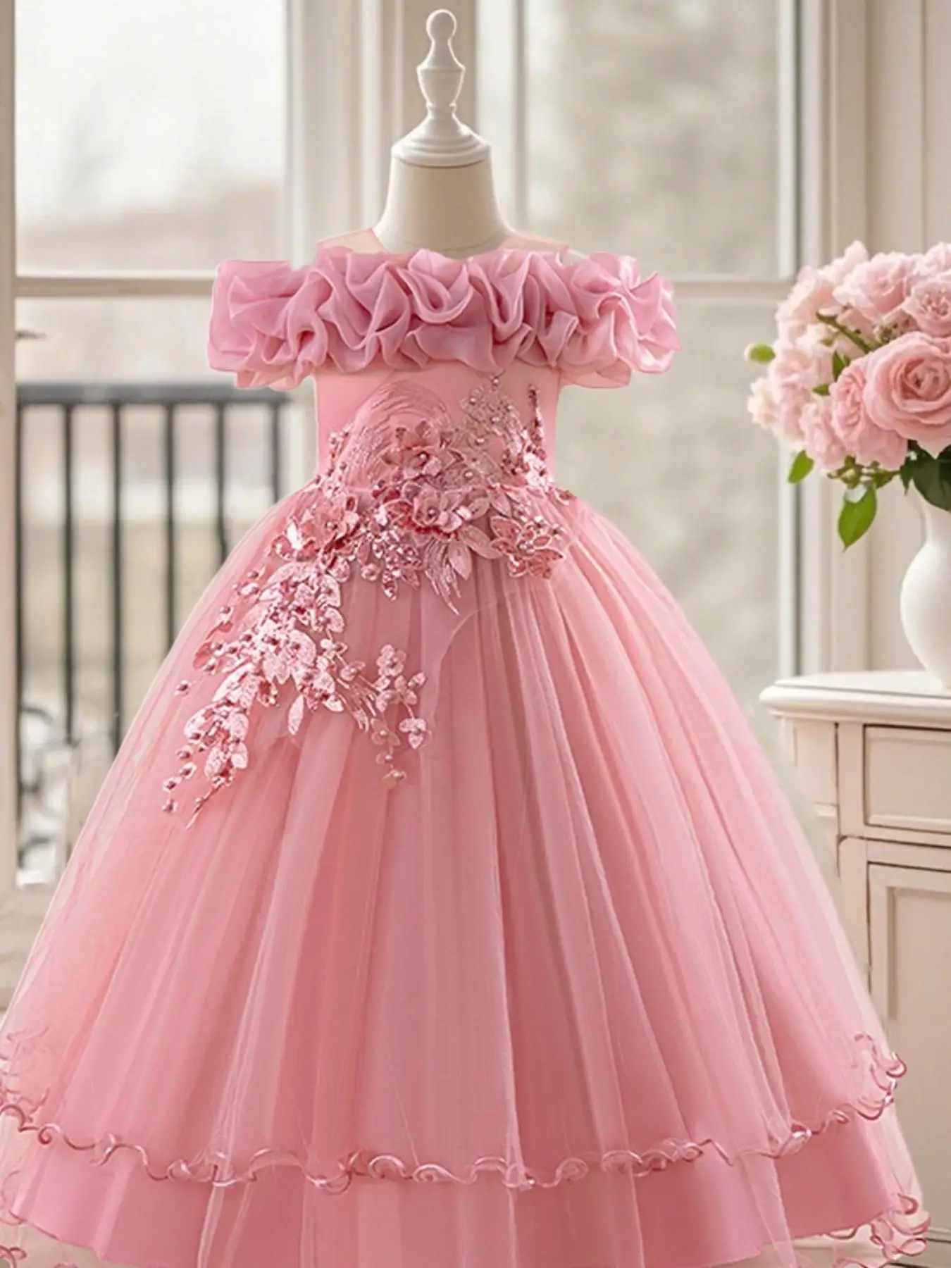 Off Shoulder Sequin Tulle Party Princess Dress, Elegant Sweater Dress for Evening Party, Kids Clothes for Birthday Host Piano Recital, Tulle Overlay D