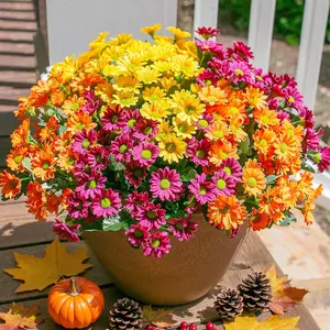 Daisy Artificial Flowers for Outdoors Fall Autumn Decoration, 6 Bundles Fake Mums Silk Flowers for Outside Look Real UV Resistant Fake Plants Faux Flowers for Planter Front Door Home Indoor Porch, Mix, Artificial Plant Set