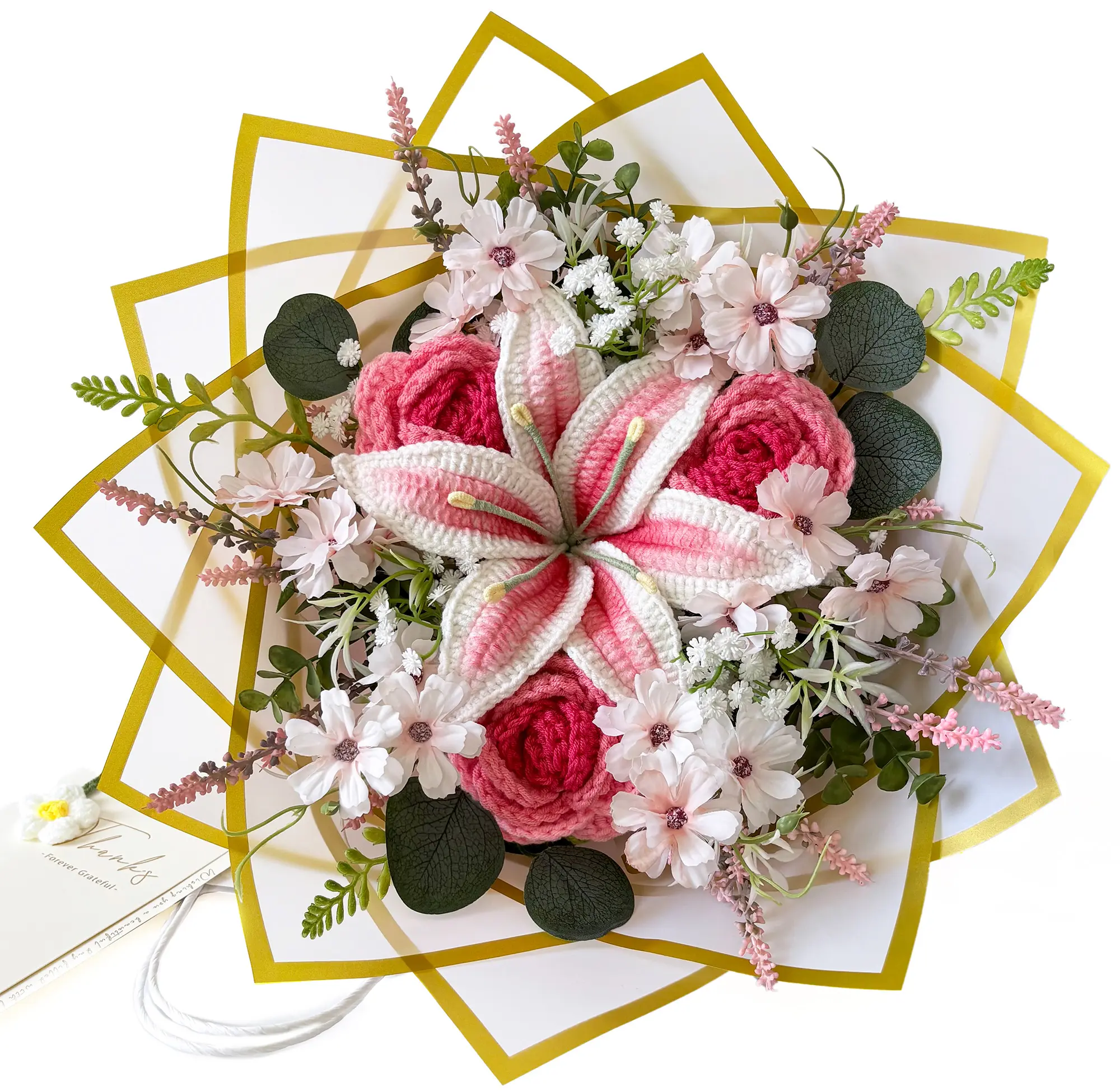 Handmade Crochet Faux Flower Bouquet - Pink Lily, Rose, Lavender, Eucalyptus Decor, Room Decor Gift for Her with Gift Bag & Card (Birthday, Anniversary Occasions)