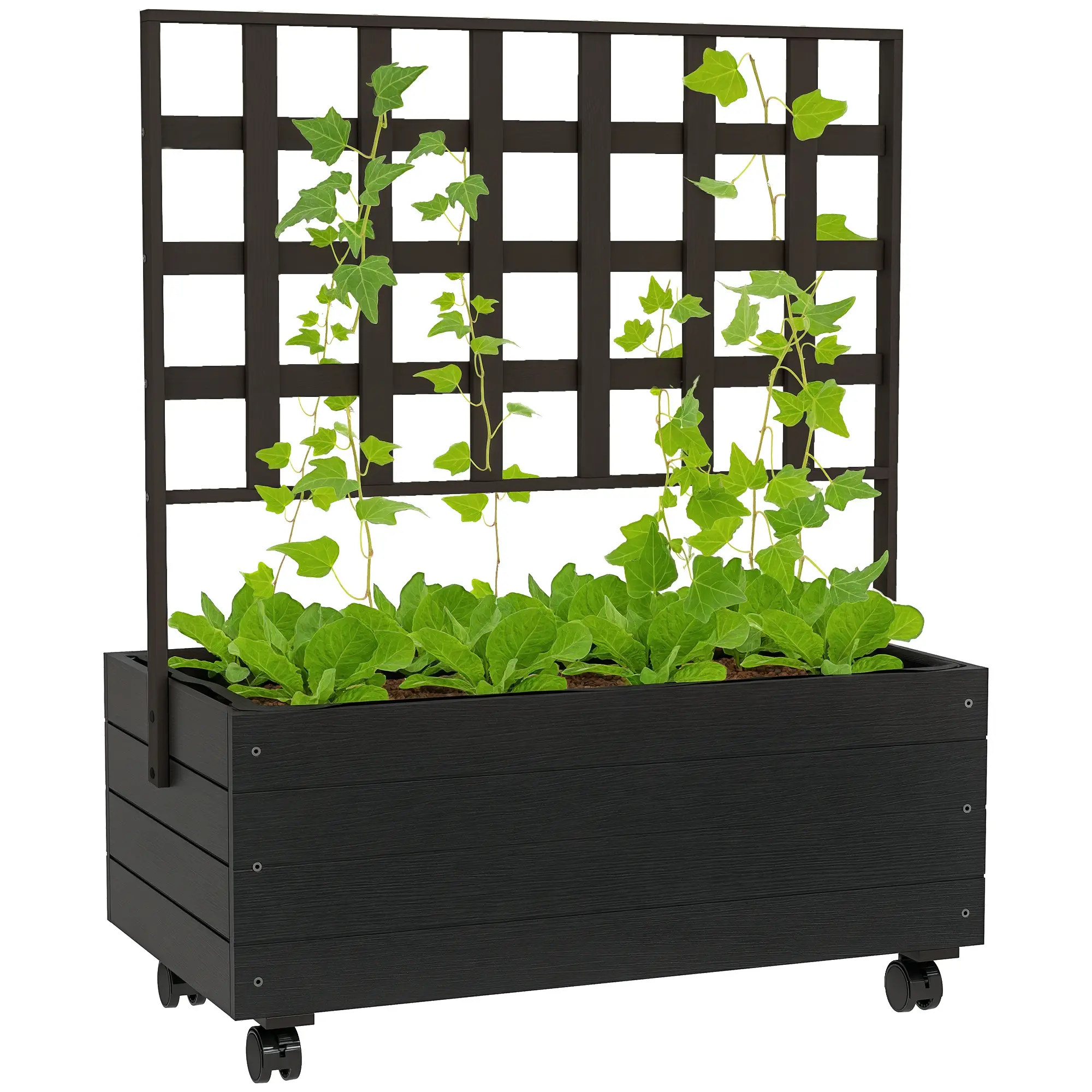 Raised Garden Bed With Trellis And Wheels – Outdoor Planter Wooden Elevated Garden Bed For Garden, Patio Or Balcony. Movable Design, Natural Wood