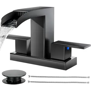 Waterfall Bathroom Faucets 3 Hole, Matte Black Bathroom Sink Faucet Square 4 Inch Centerset with Pop-Up Drain, 2 Handle and 2  Hoses,  Stainless Steel for Vanity Sink Rv