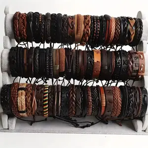 Braided Leather Wrap Bracelets Tribal Wood Bead Wristbands for Men & Women