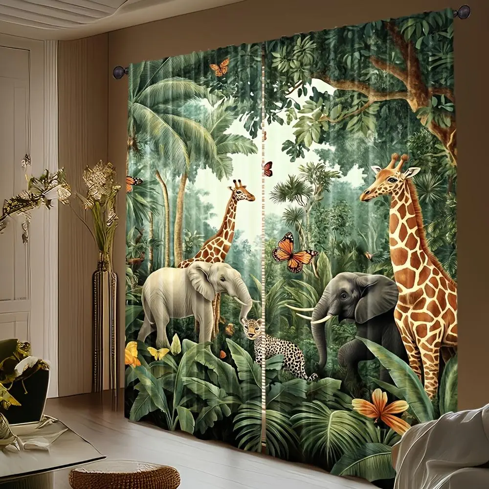 [Safari Animal Drapes] 2pcs 100% Polyester Tropical Jungle Safari Animal Curtains | Semi-Sheer Drapes for Bedroom & Living Room, No Rod or Battery Needed 28*40IN/71*101CM
