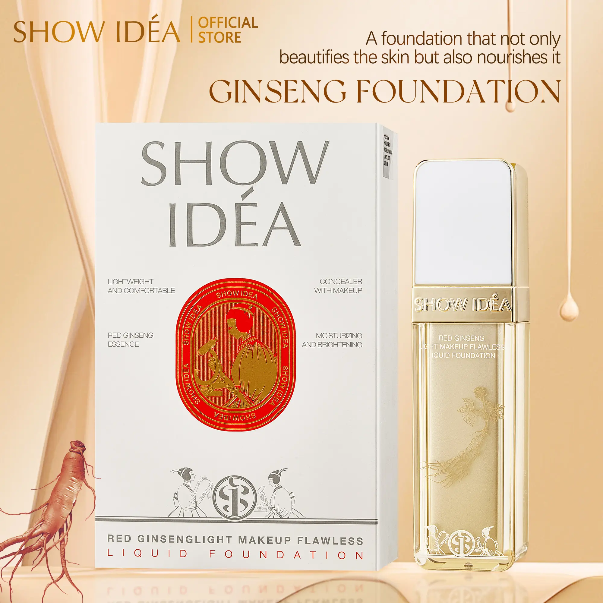 Show IDÉA Red Ginseng Light Makeup Flawless Liquid Foundation - Lightweight & Comfortable Concealer with Makeup