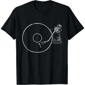 Vinyl Record Player Sketch Print T Shirt for Music Lovers Men Women Casual Short