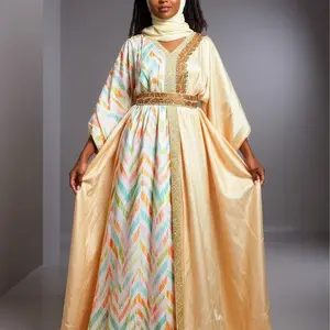 Elegant Moroccan-Style Kaftan Dress with Colorful Chevron Pattern and Gold Accents for Women