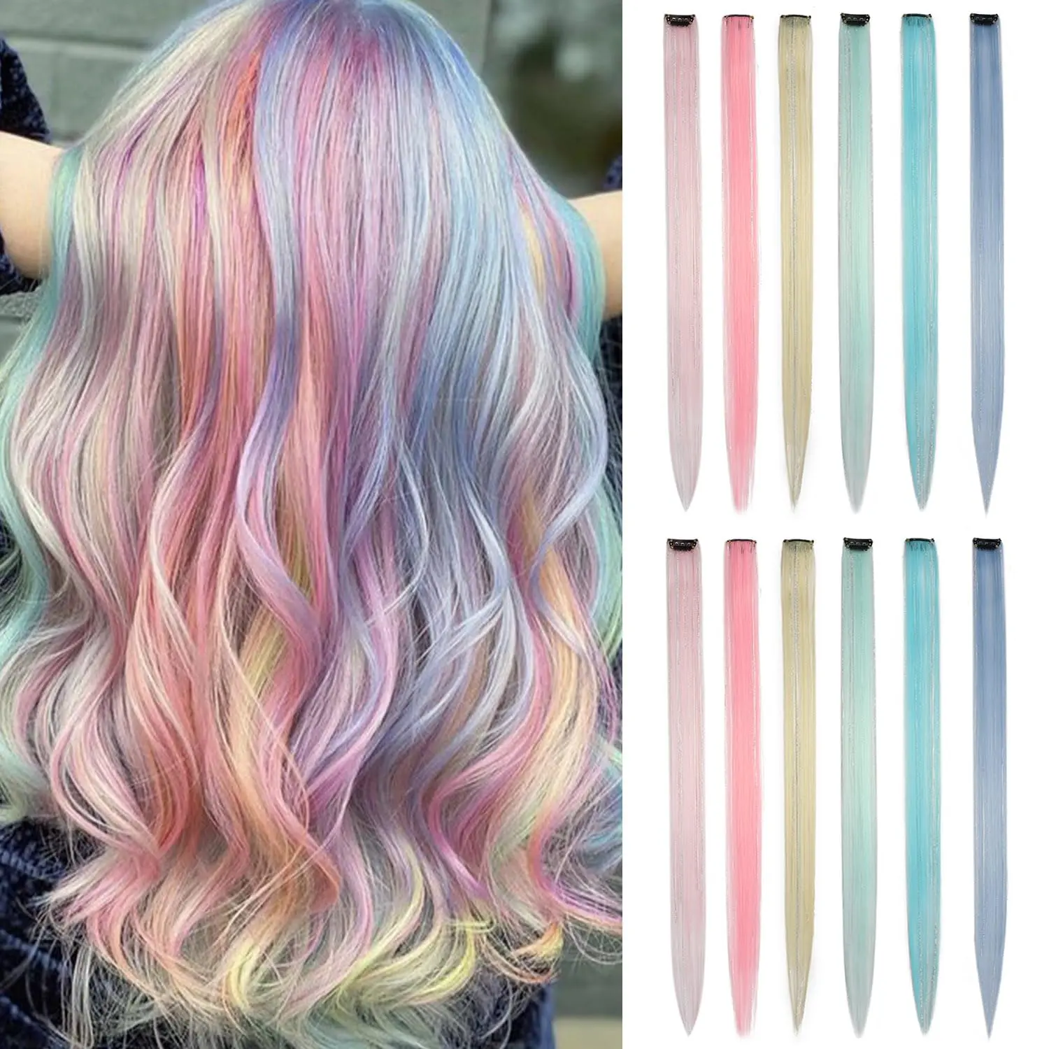 12 count Multicolor Clip in Hair Extensions Mix tinsels,22 Inch Colored ...