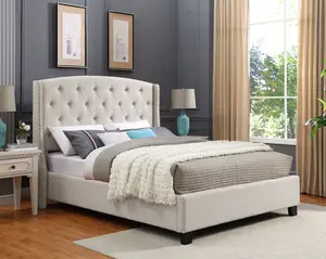 Nantarre Fabric Button Tufted Wingback Upholstered Bed with Nail Head Trim, Tan