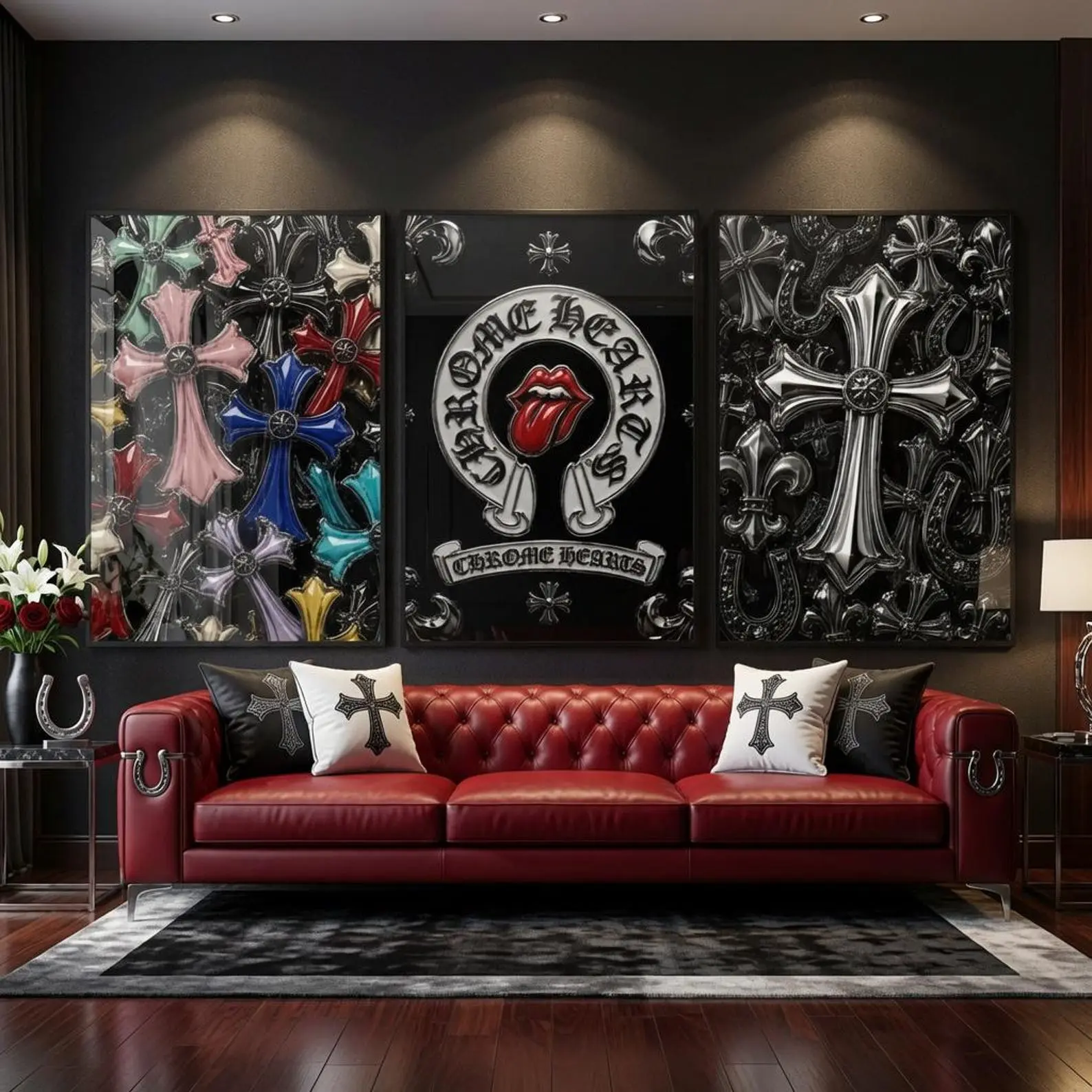 Chrome Hearts Hypebeast Wall Art Poster Set of 3, Color Gothic Cross Art, Luxury Hypebeast Room Decor,Y2K Room Decor,Silver Chrome Prints,
