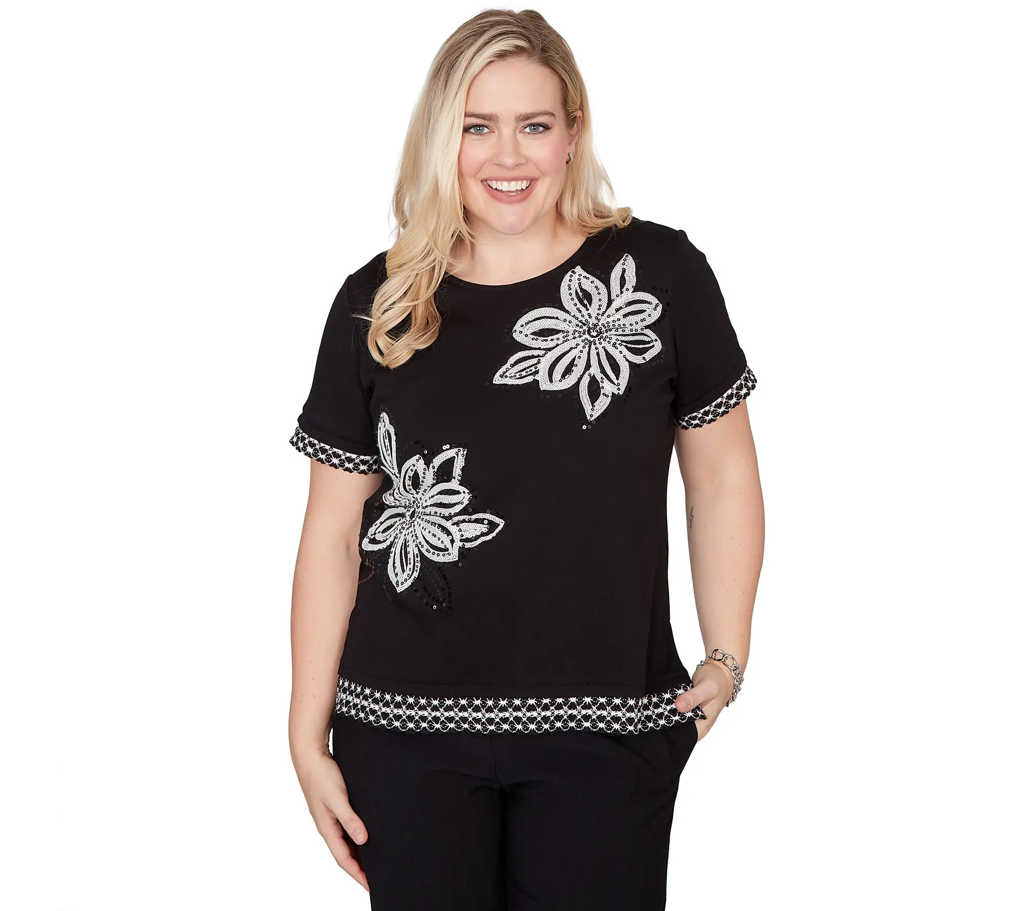 Alfred Dunner Women's Flower Sequin Lace Border Tee