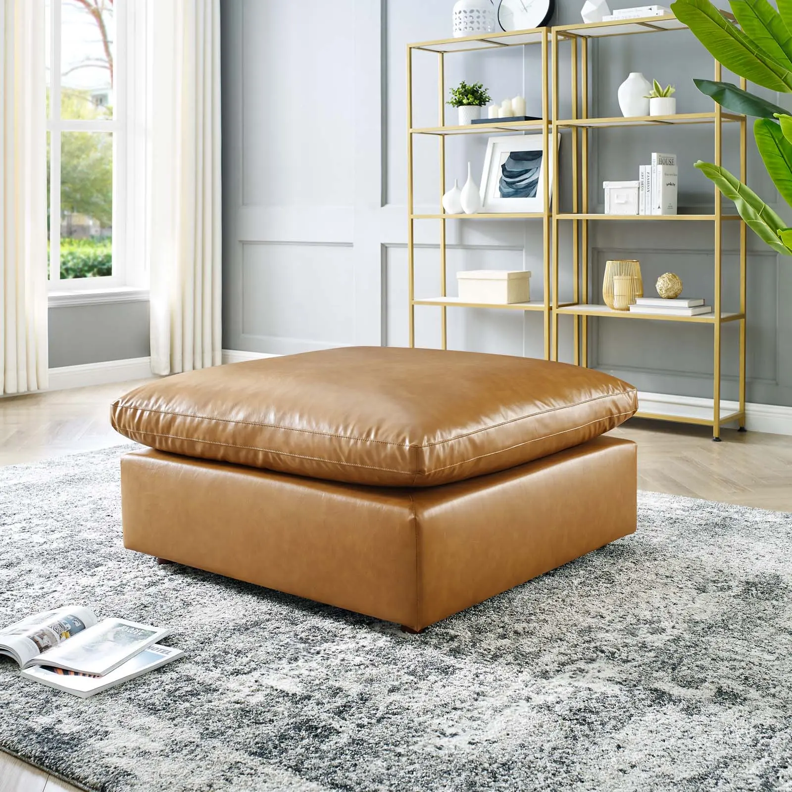 Modway Commix Modern Rectangular Ottoman Stool - Tan Vegan Leather, Overstuffed Duck Down-Foam Cushions, Plastic Frame, 331 lbs Capacity, Luxurious Sink-In Feel, Spacious Design Indoor Furniture for Living Room Lounge Interior