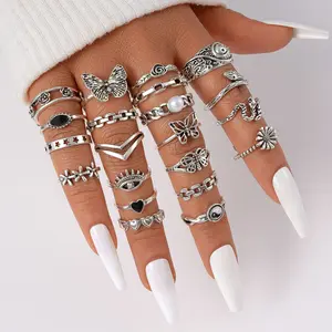21 Piece Punk Style Creative Retro Butterfly Love Women's Ring Set Geometric Flower Snake Eye Multi Piece Joint Ring Set
