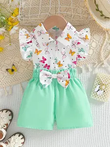 Girls' clothing, girls' set, Baby Girl Clothes, fresh and playful style, butterfly print, bubble sleeve design, bow decoration, comfortable skin friendly fabric, suitable for spring and summer daily wear, travel wear, baby girl birthday gift