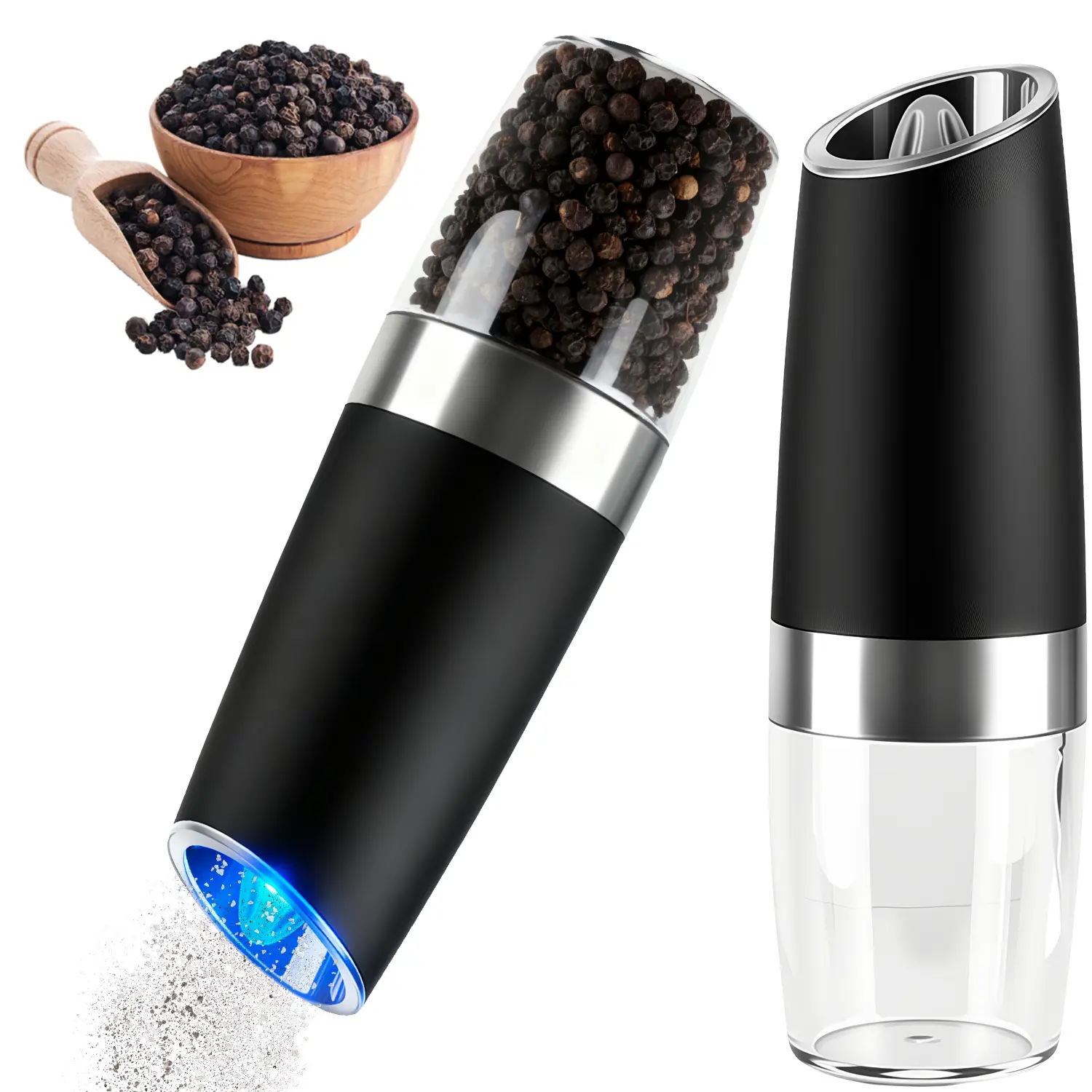 Gravity Electric Salt and Pepper Grinder set of 2 Automatic Salt And Pepper Grinder Set Adjustable Roughness Battery Powered LED Light Pack of 2 Black Kitchen Seasoning Spice Utensils 2Pack