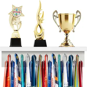 Wooden Medal Hanger Display Trophy Holder Shelf with 25/37/49/65/83 Hooks Wall Mount Ribbon Holder  for Gymnastics Running Soccer Awards