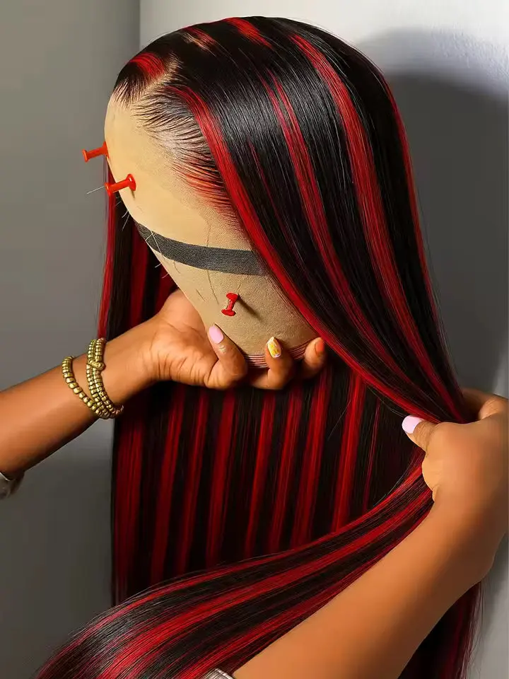 30 Inch Red Black Highlight Wig Human Hair Bone Straight Lace 1B/99J Gluless Pre Cut 5X5 Colored Wig Glueless Ready To Wear Wig