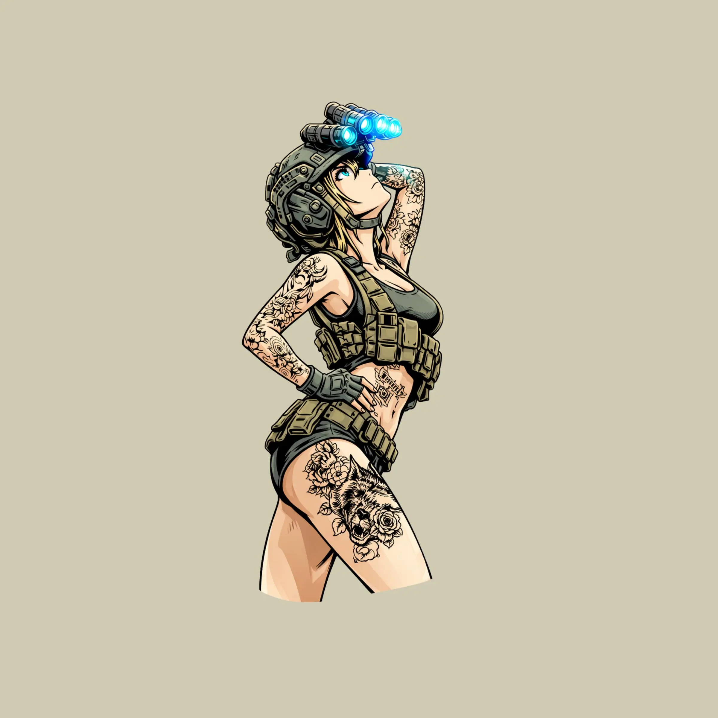 Tattoo Anime Tactical Girl Night Vision Sticker,  Military Woman Vinyl Decal Laptop Car