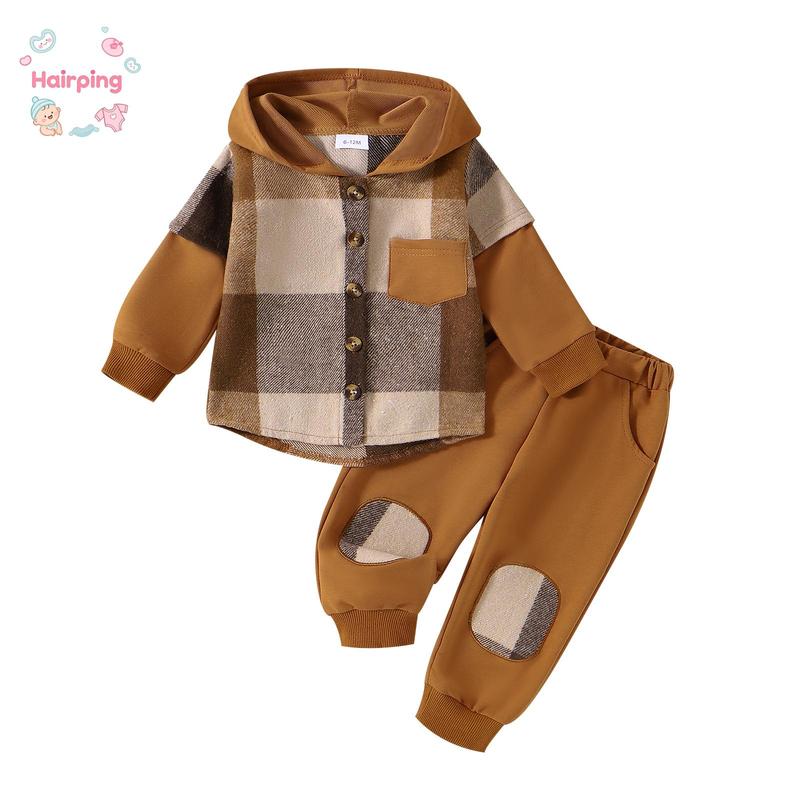 Little Boy Girl Pants Set, Contrast Color Plaid Long Sleeve Button-up Hoodie Trousers Outfits, Casual Baby Girls Set Little Boy Girl Pants Set, Contrast Color Plaid Long Sleeve Button-up Hoodie Trousers Outfits, Casual Baby Girls Set