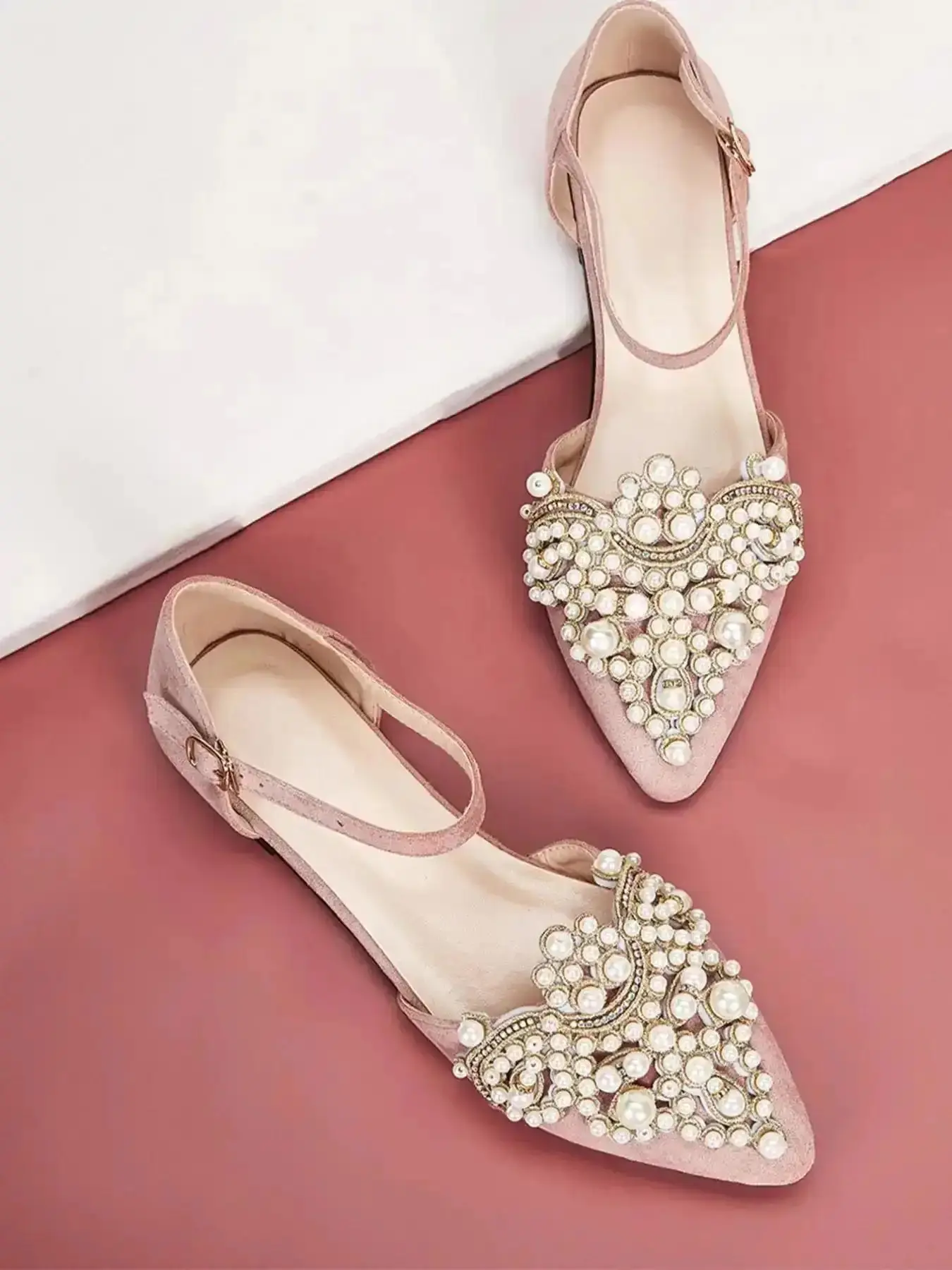 2026 Women's French Mini Faux Pearl Embroidered Pink Flat Shoes, Casual Buckle Decor Flats for Girlfriend, Pointed Toe Wedding Shoes for Party, stylish shoes, ladies fashion, women apparel, women wear