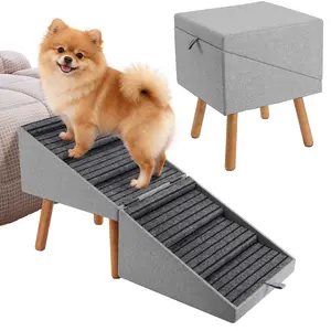 21'' Dog Ramp for Bed | Pet Steps Foldable Wooden Dog Stairs for Dachshunds, Corgis & Long-Back Breeds | Non-Slip Pet Ramp with Ottoman Design