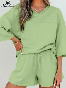 Women's Meadow Mist Green Solid Loose V Neck Half Sleeve Tee Shorts Sets Summer Casual Two Piece Outfits Fashion Oversized Pullover Tops Elegant Matching Sweatsuits Cozy Lounge Wear Slumber Party Apparel Travel Clothing