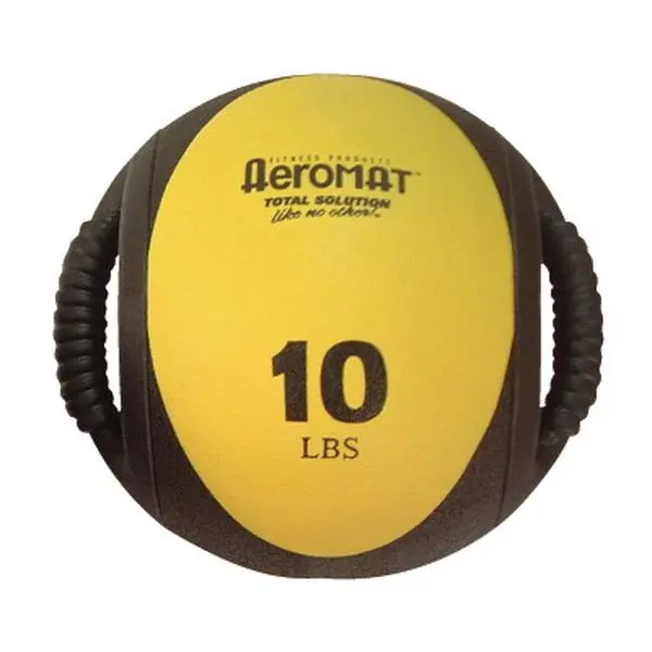 Aeromat Dual Grip Power Med Ball - 9 in. Dia., 10 LB, Black-Yellow, Rubberized Core, Patented Handle Abdomen Fitness Device Exercise Ball for Core Training, Fitness Enthusiasts, Abdomen Fitness Device Exercise Balls