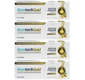 Denttach Gold Denture Adhesive Cream - Olive Oil Based Formula for Healthier Stronger Smoother Hold - 4 Pack Gentle Daily Use Oral Care Solution