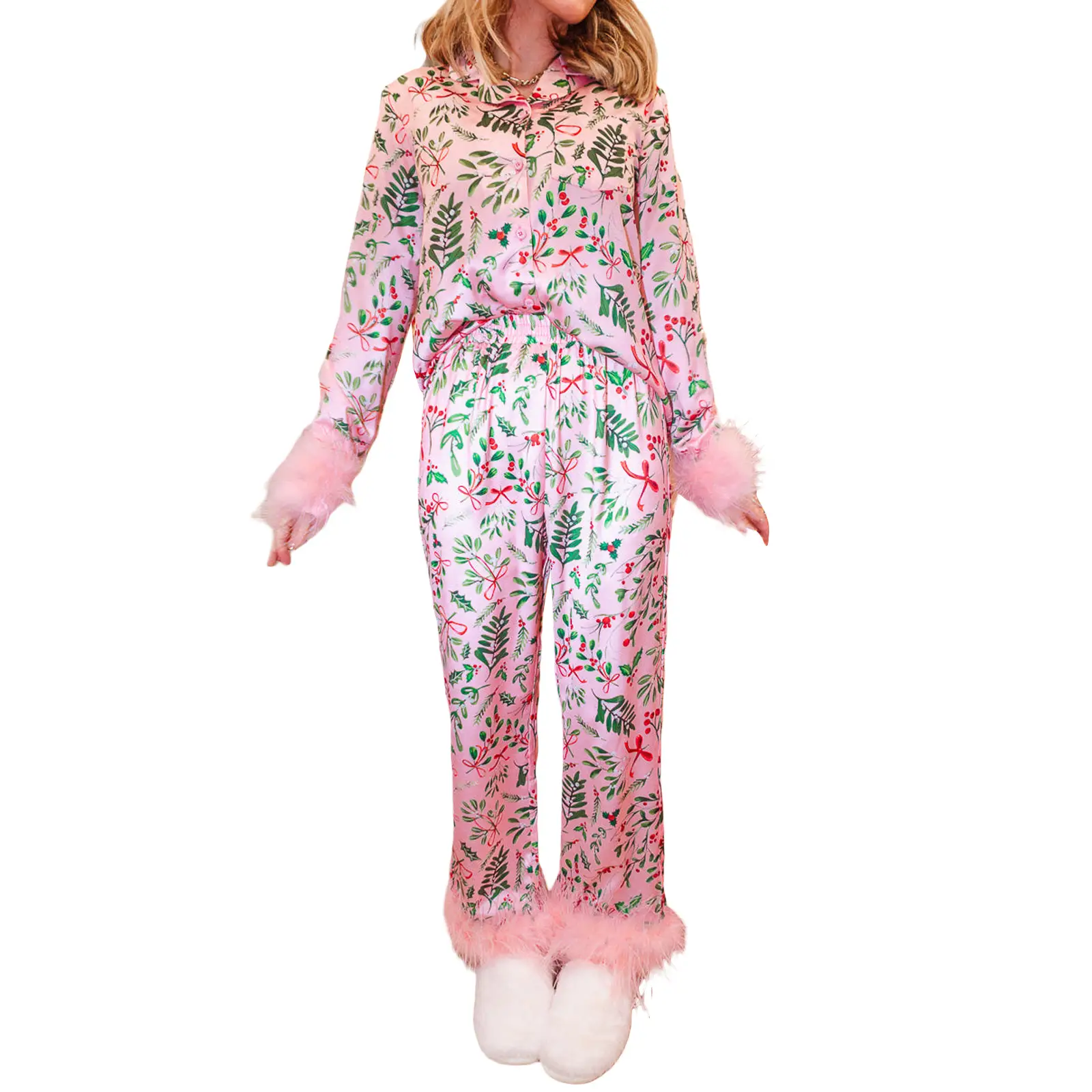 Mommy and Me Matching Pajamas Christmas Feather Trim Pajama Set 2 Piece Shirt Pants Sleep Sets for Mother Daughter Clothing Girls