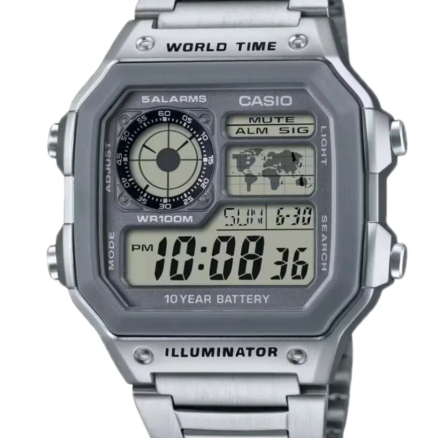 AE-1200WHD-7A New Casio Silver Illuminator stainless steel world time men' s elegent watch