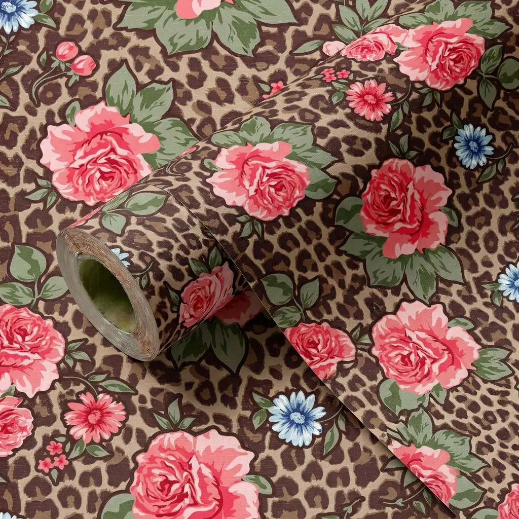 1 Roll Vintage Leopard Print Rose Floral Self Adhesive Wallpaper, 44.5cm/17.5 Inch Width, Waterproof Oilproof Peel And Stick Contact Paper, Peel And Stick Wallpaper Designs, Cuttable Removable Wall Sticker For Home Bedroom Furniture Renovation