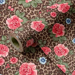 1 Roll Vintage Leopard Print Rose Floral Self Adhesive Wallpaper, 44.5cm/17.5 Inch Width, Waterproof Oilproof Peel And Stick Contact Paper, Cuttable Removable Wall Sticker For Home Bedroom Furniture Renovation