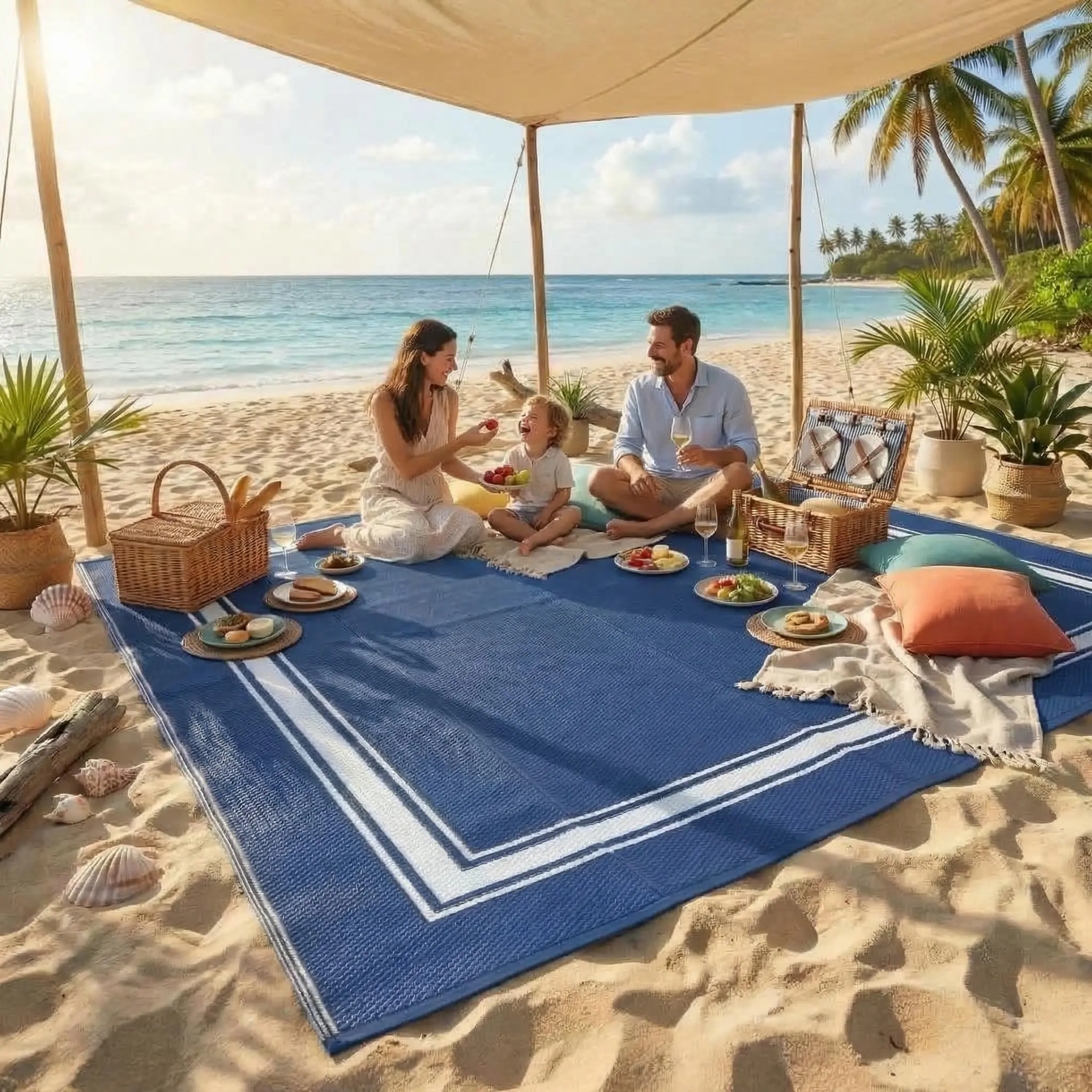 8x10 Dark Blue & White Polypropylene Outdoor Straw Rug, Durable Waterproof Reversible Soft UV-Resistant Stain-Resistant Portable Minimalist Bordered Carpet for Patio, RV Camping