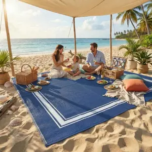 GAOMON Dark Blue & White Outdoor Rugs for Patio 8x10 Waterproof Reversible Plastic Straw Rug, Large UV-Resistant Portable RV Camping Mats, Boho Bordered Carpet for Deck Porch Garden